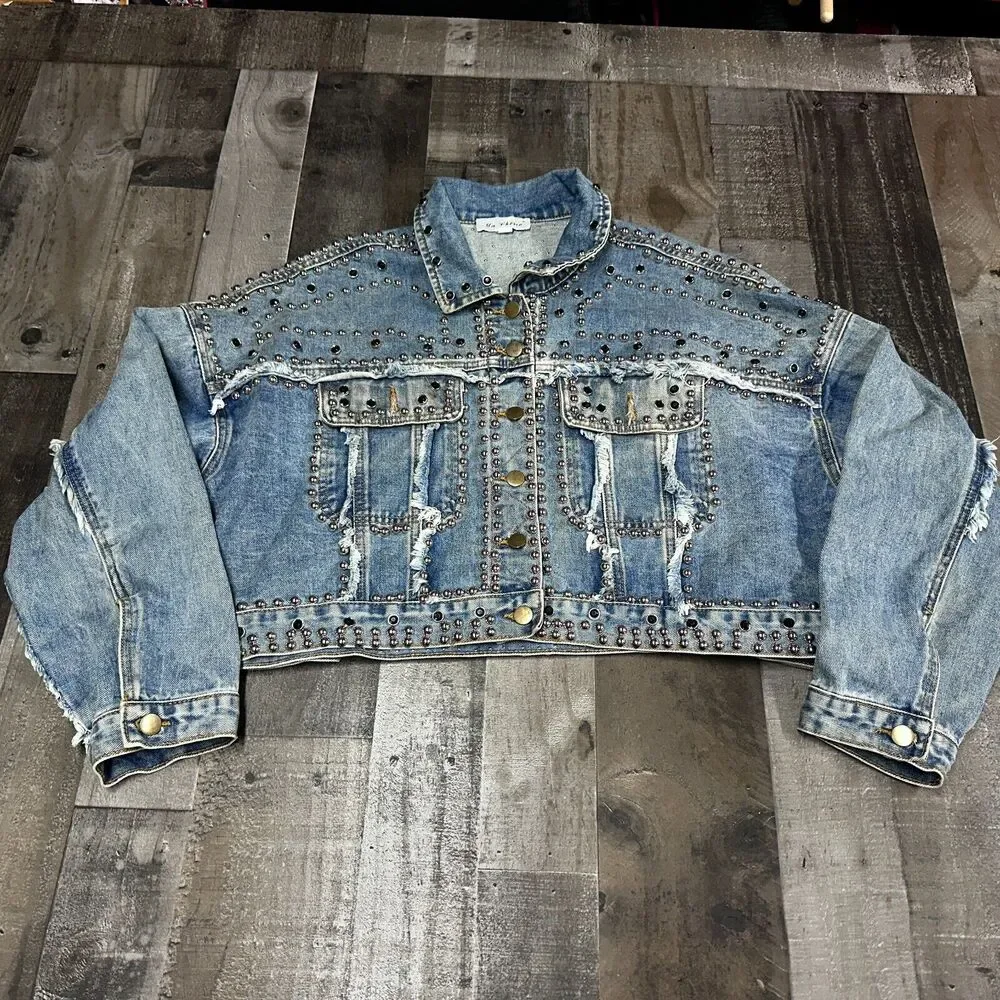 Ma Cherie Denim Jacket Womens Trucker Rhinestone Studded Jacket Size‎ Large